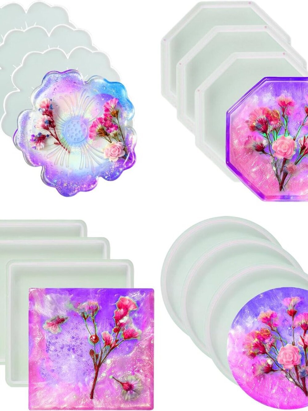 Resin Coaster Molds,Silicone Molds For Resin,12pcs With Round,Square,Octagon, Fl